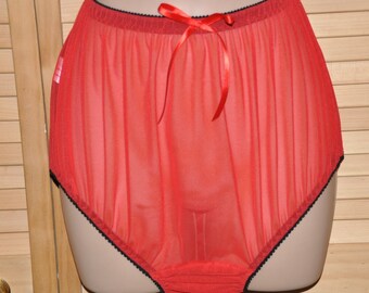 EE 80 - XL Soft sheer exposing panties in red to waist 40", lace free sissy sheer show-off panties, Sissy Lingerie