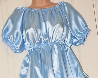 Silky short baby blue satin sissy dress with matching slithery sissy panties, Sissy Lingerie