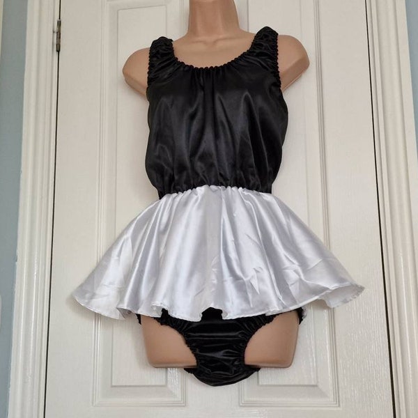 Sissy maid rompers in double satin with skirt, soft satin all-in-one teddy, Sissy Lingerie SSX E