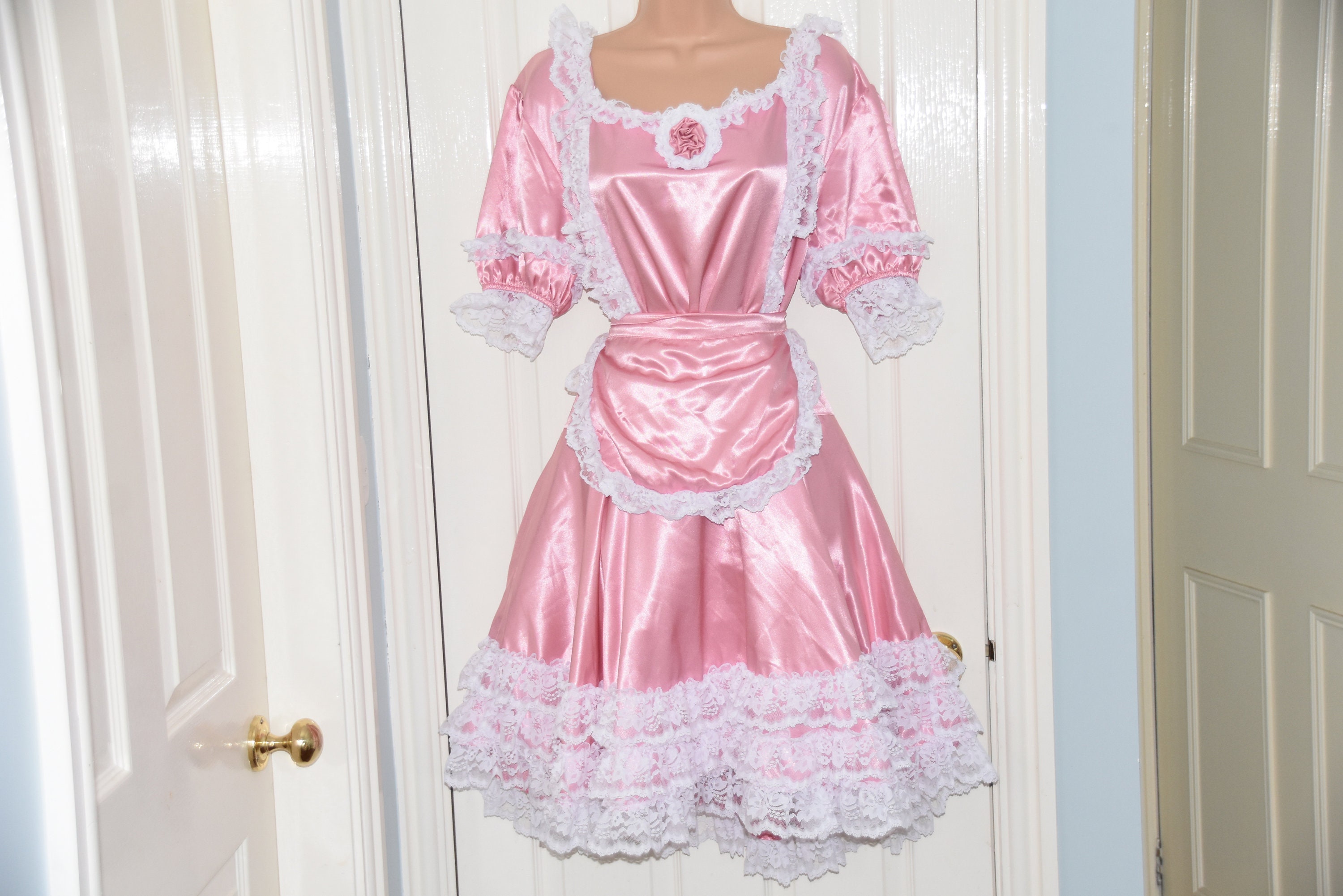Sissy Maid Silky Satin Dress Petticoat and Pinny Larger Size