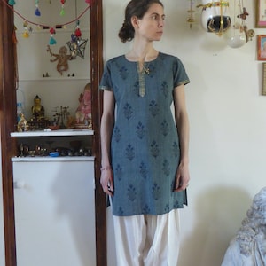 VINTAGE Mini Dress Top Tunic India Cotton Teal Red Hand Plock Print FABINDIA Boho Gypsy Pop 70/' Flowers Circles  S size