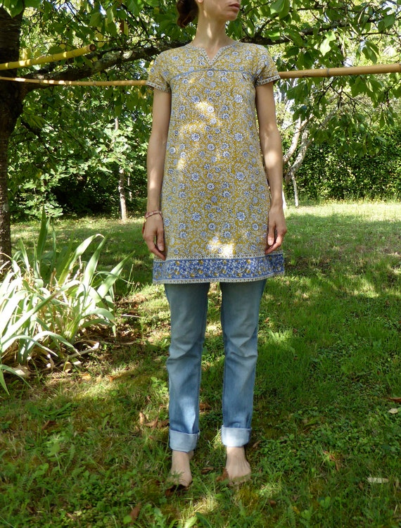 Vintage kurta dress tunic Anokhi block print flowe