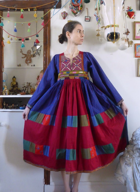 70s Authentic Afghanistan Tribal Gypsy Sz Sm Vintage Hand Embroidered Beaded Tribal Dress Quilted Cotton Bohemian Hippie Festival Dress