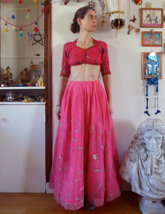 Vintage pink indian skirt lehenga hippie india em… - image 1