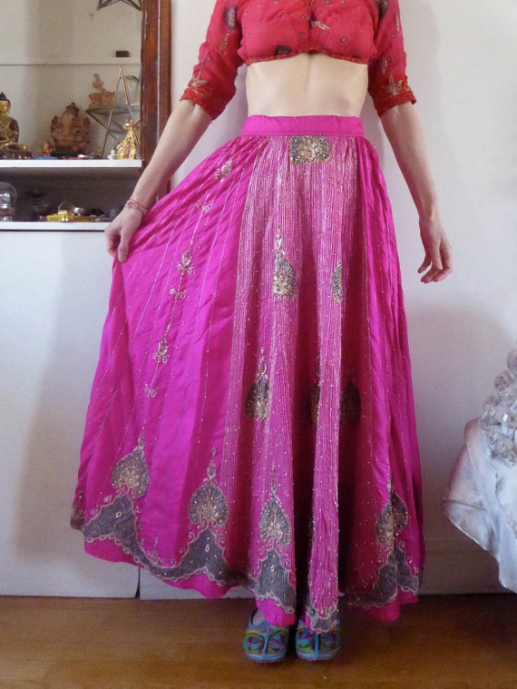 Vintage pink indian skirt lehenga hippie india em… - image 2