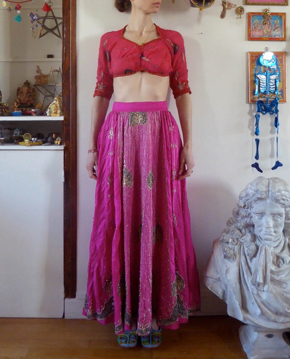 Vintage pink indian skirt lehenga hippie india em… - image 1