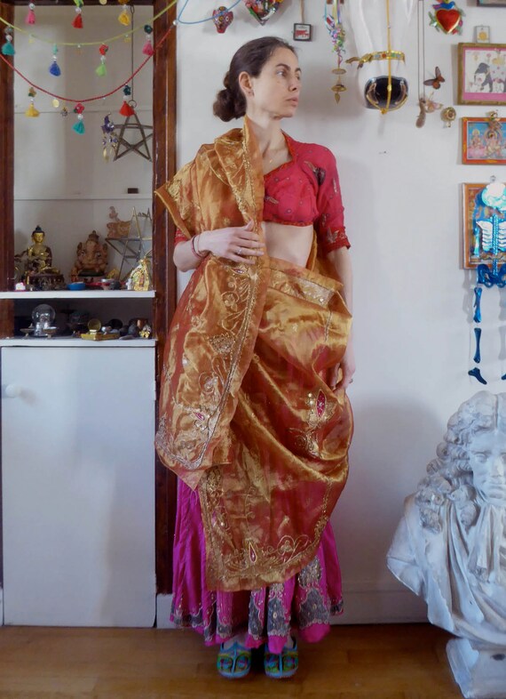 Vintage pink indian skirt lehenga hippie india em… - image 4