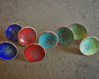 Red, blue green and turquoise enamel copper and silver stud earrings (#0249, 0250, 0251 and 0252)