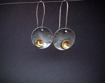 Sterling silver textured satellite earrings with 24 carat gold foil