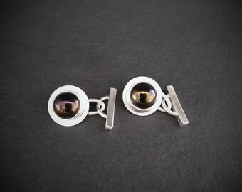 Sterling silver and black peacock flash fused glass cufflinks