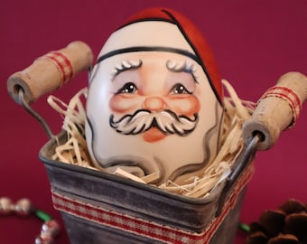 Holiday, Christmas, Hand Painted Santa Claus Egg, Tin Primitive Bucket, Allyson Nagel, A.N. Original Designs, Porcelain Figurines, Unique