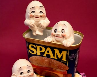 Spam and Eggs, Kitsch, Advertising, Figurine or S&P Shaker -- Allyson Nagel - A.N. Original Designs -- Humpty Dumpty Porcelain Figurines