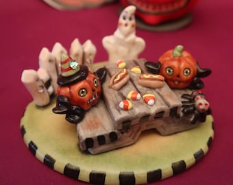 Pumpkins&#39; Playground, Halloween, Jack O Lantern, Picnic, Spooky, Limited Edition S&P Shaker Allyson Nagel A.N. Original Designs Porcelain