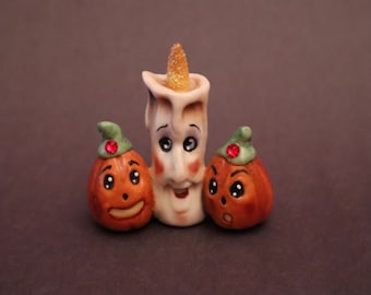 Halloween, Candle Man, Pumpkins, Spooky, Mini One Piece Salt and Pepper Shaker, Allyson Nagel Porcelain Original, Limited Edition