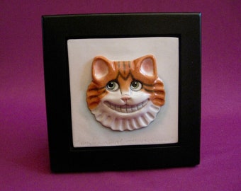 Kitty Cat Porcelain Framed Art Tile, Cheshire Cat, Ceramic Tile, Sculpture,  Allyson Nagel Original Designs