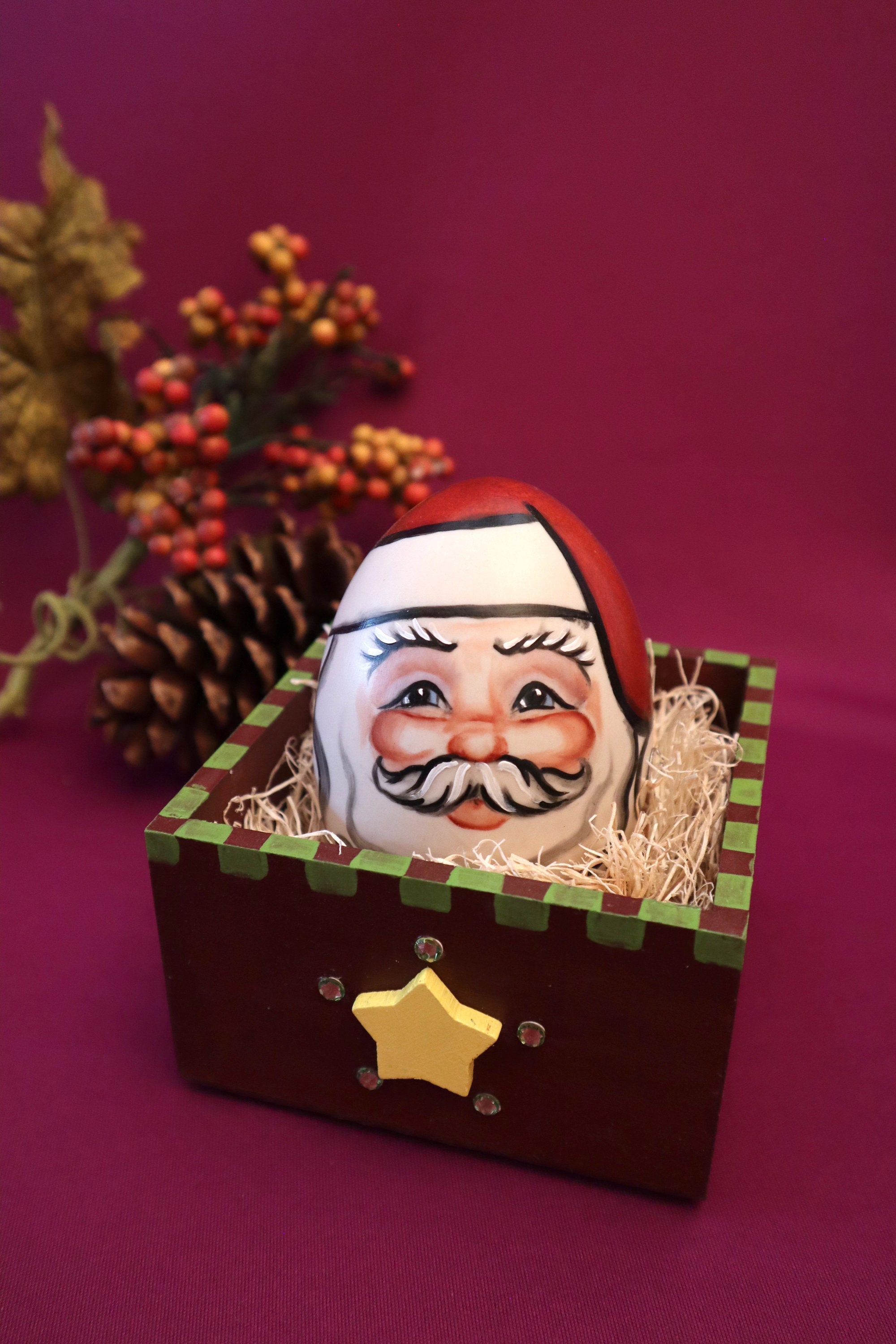 Holiday, Christmas, Hand Painted Santa Claus Egg In Wooden Box, Allyson Nagel, A.N. Original Designs, Porcelain Figurines, Winter, Unique