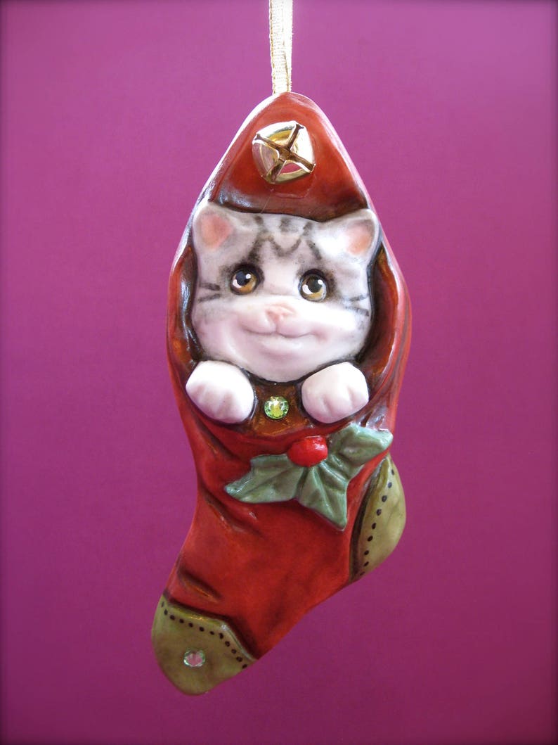 Porcelain Christmas Ornaments A.N Original Designs Christmas Kitty Cat Stocking Allyson Nagel Holiday Ornament