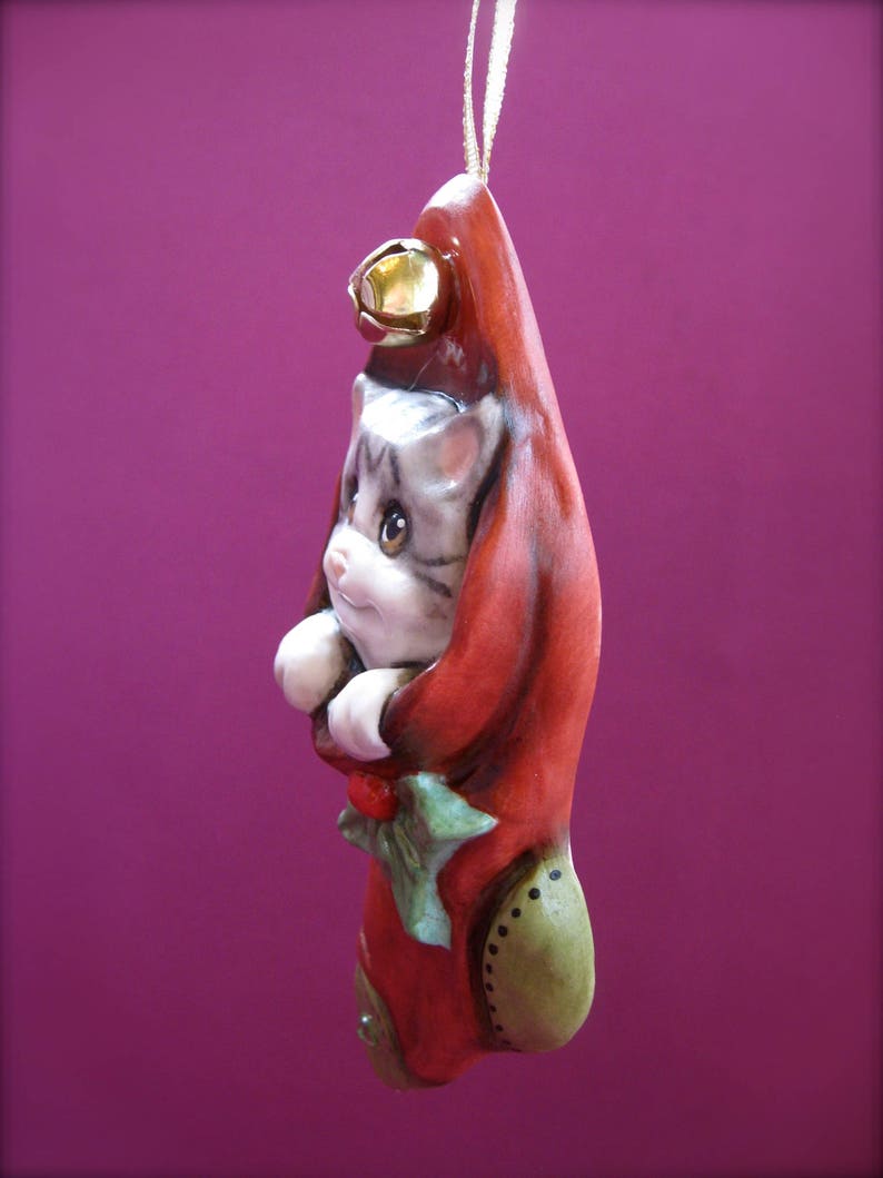 Porcelain Christmas Ornaments A.N Original Designs Christmas Kitty Cat Stocking Allyson Nagel Holiday Ornament
