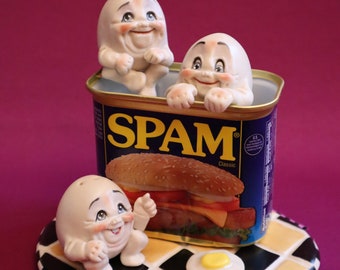 Spam and Eggs, Kitsch, Advertising, Figurine or S&P Shaker -- Allyson Nagel - A.N. Original Designs -- Humpty Dumpty Porcelain Figurines