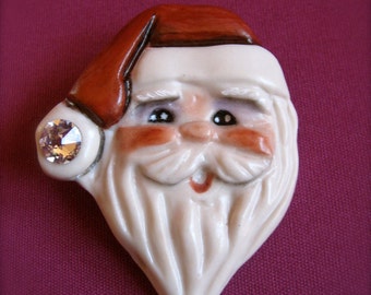 Jolly Santa Tac Pin -- Allyson Nagel - A.N. Original Designs -- Christmas/Winter Porcelain Jewelry