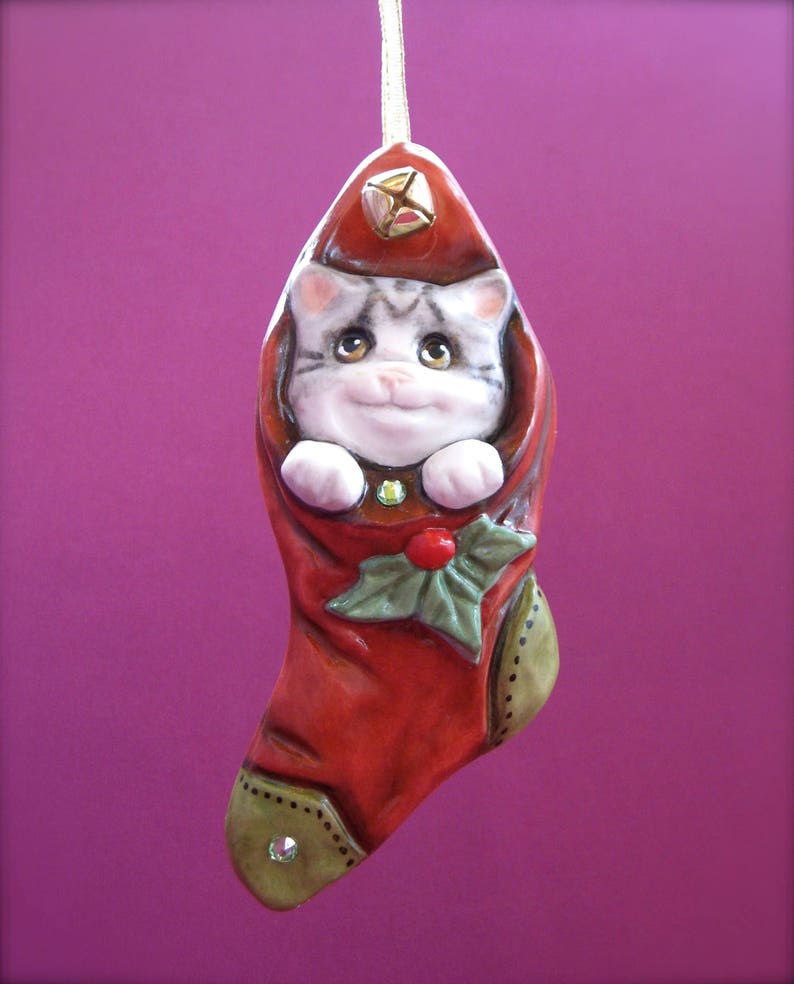 Porcelain Christmas Ornaments A.N Original Designs Christmas Kitty Cat Stocking Allyson Nagel Holiday Ornament