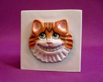 Kitty Cat Porcelain Art Tile, Cheshire Cat, Ceramic Tile, Sculpture,  Allyson Nagel Original Designs