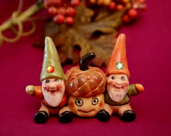 Fall Harvest Gnomes, Acorns, Woodland Autumn,  Mini One Piece Salt and Pepper Shaker, Allyson Nagel Porcelain Original, Limited Edition