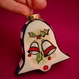 Christmas Bells,Holly Berries Holiday, Hand Painted Bell Ornament Allyson Nagel A.N. Original Designs Porcelain Christmas Ornaments image 5