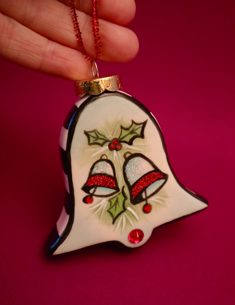 Christmas Bells,Holly Berries Holiday, Hand Painted Bell Ornament Allyson Nagel A.N. Original Designs Porcelain Christmas Ornaments image 5