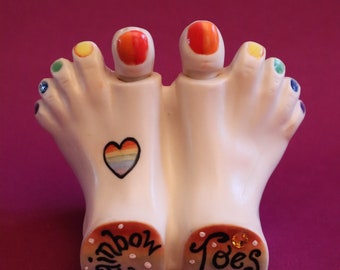 Rainbow Toes, Pride, Novelty Nodding Salt and Pepper Shaker, Limited Edition, Porcelain Original, Allyson Nagel