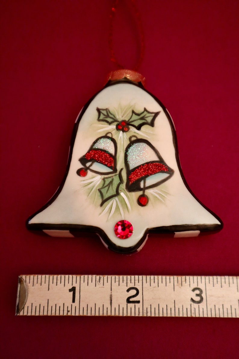 Christmas Bells,Holly Berries Holiday, Hand Painted Bell Ornament Allyson Nagel A.N. Original Designs Porcelain Christmas Ornaments image 7