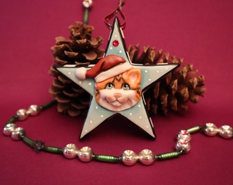 Santa Kitty Cat Star Holiday Ornament -- Allyson Nagel - A.N. Original Designs -- Porcelain Christmas Ornaments