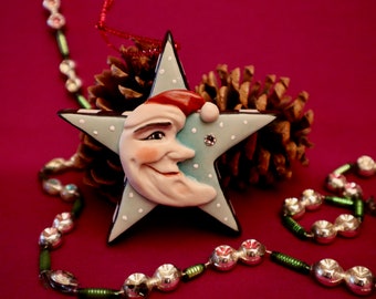 Santa Moon Star Holiday Ornament -- Allyson Nagel - A.N. Original Designs -- Porcelain Christmas Ornaments