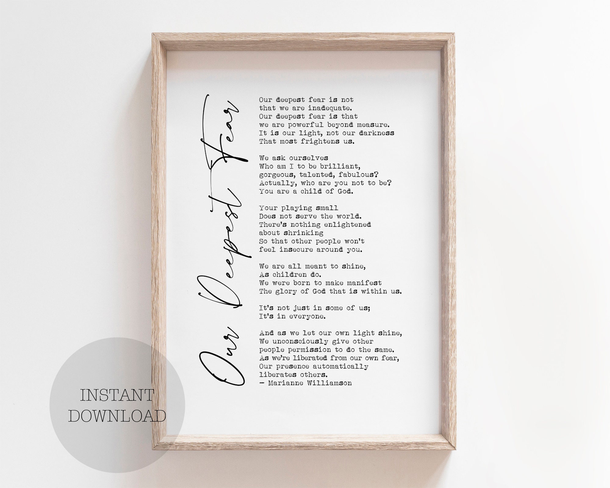 Printable Our Deepest Fear by Marianne Williamson christian | Etsy