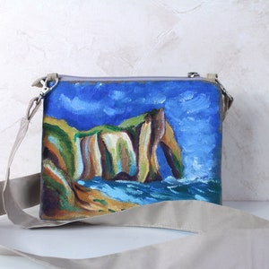 Petit sac à lanière Peinture acrylique sur le tissu Falaise Etretat France Pochette a bandoulière image 1