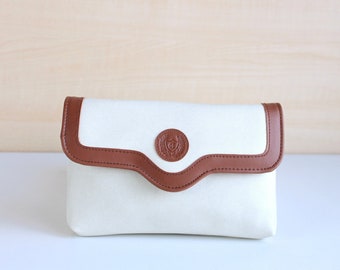 Vintage clutch - Small Shoulder strap purse - White leatherette Brown trim - Neck strap handbag for women