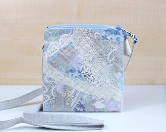 Small flat bag - Blue crossbody purse - Patchwork fabric bag - Laces pouch - Christmas gift girl