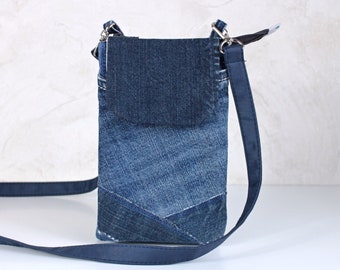 Pochette laniere - Jeans bleu - Petite pochette a cordon - Sac pochette Voyage - Cadeau femme fille