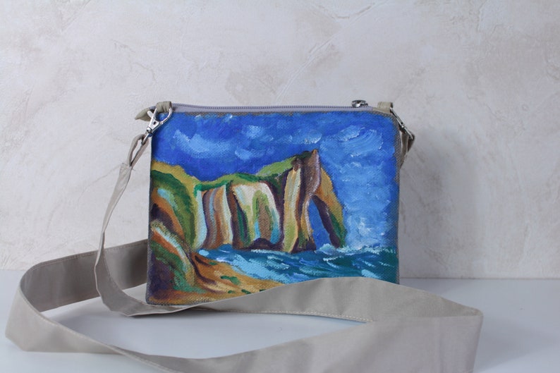 Petit sac à lanière Peinture acrylique sur le tissu Falaise Etretat France Pochette a bandoulière image 3