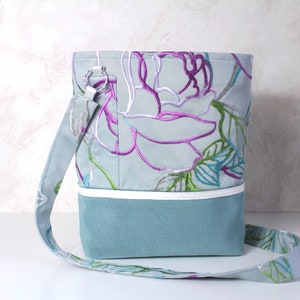 Shoulder strap bag Embroidered flowers bag women One of a kind Blue gray cloth handbag OOAK floral fabric bag image 1