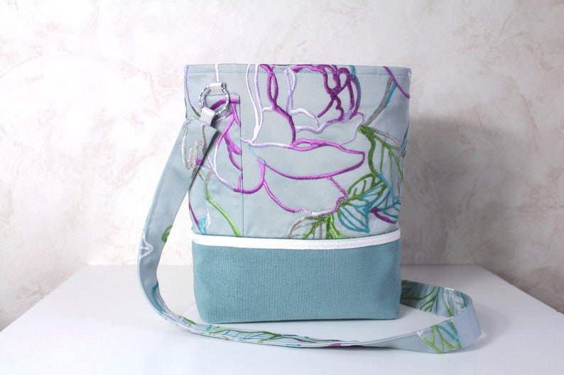 Shoulder strap bag Embroidered flowers bag women One of a kind Blue gray cloth handbag OOAK floral fabric bag image 1