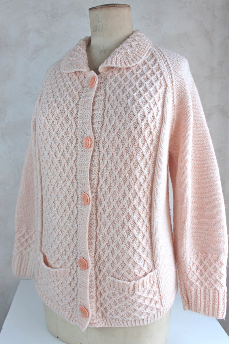 Hand knitting sweater Vintage handmade cardigan Women knit fashion Winter outfit White wool clothing Size 42 44 EU image 6