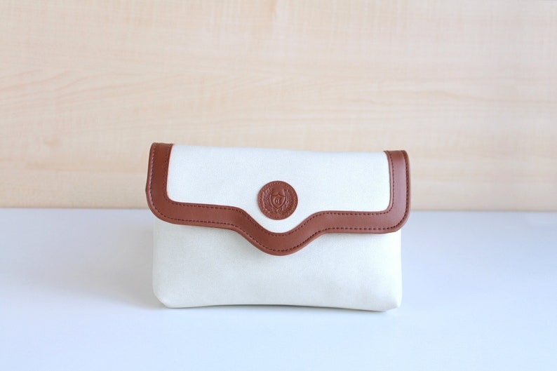 Vintage clutch Small Shoulder strap purse White leatherette Brown trim Neck strap handbag for women image 1