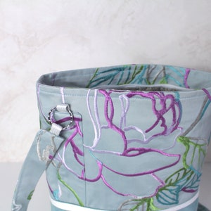 Shoulder strap bag Embroidered flowers bag women One of a kind Blue gray cloth handbag OOAK floral fabric bag image 2