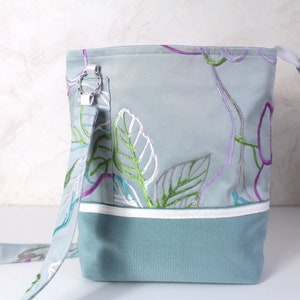Shoulder strap bag Embroidered flowers bag women One of a kind Blue gray cloth handbag OOAK floral fabric bag image 4