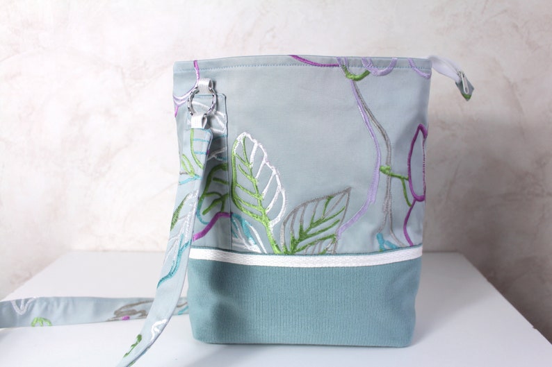 Shoulder strap bag Embroidered flowers bag women One of a kind Blue gray cloth handbag OOAK floral fabric bag image 4