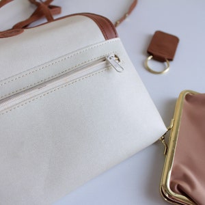 Vintage clutch Small Shoulder strap purse White leatherette Brown trim Neck strap handbag for women image 4