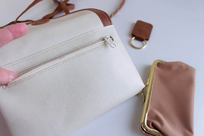 Vintage clutch Small Shoulder strap purse White leatherette Brown trim Neck strap handbag for women image 4