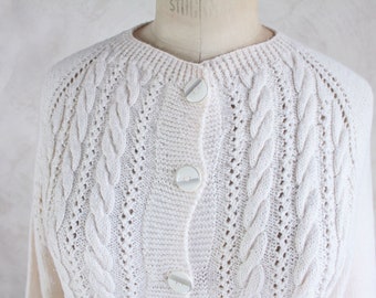 Hand knitting sweater - Vintage handmade cardigan - Women knit fashion - Winter outfit - White wool clothing Size 38 - 40 ( EU )