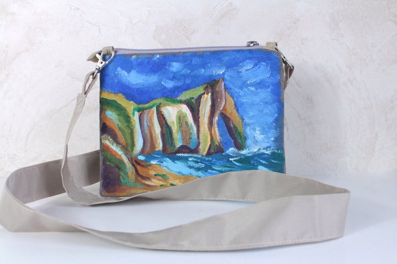 Petit sac à lanière Peinture acrylique sur le tissu Falaise Etretat France Pochette a bandoulière image 2